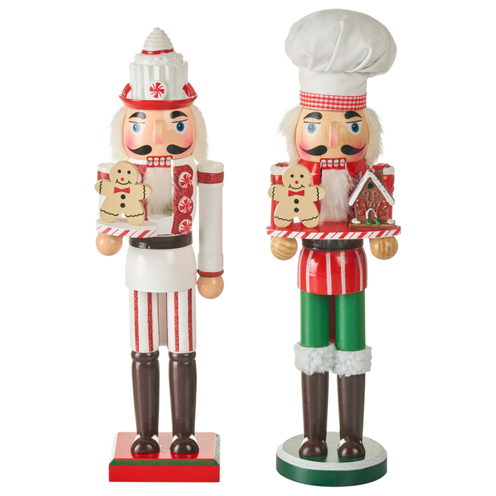 Set di 2 statuine di schiaccianoci in legno di pino rosso e bianco Decorazioni natalizie fatte a mano