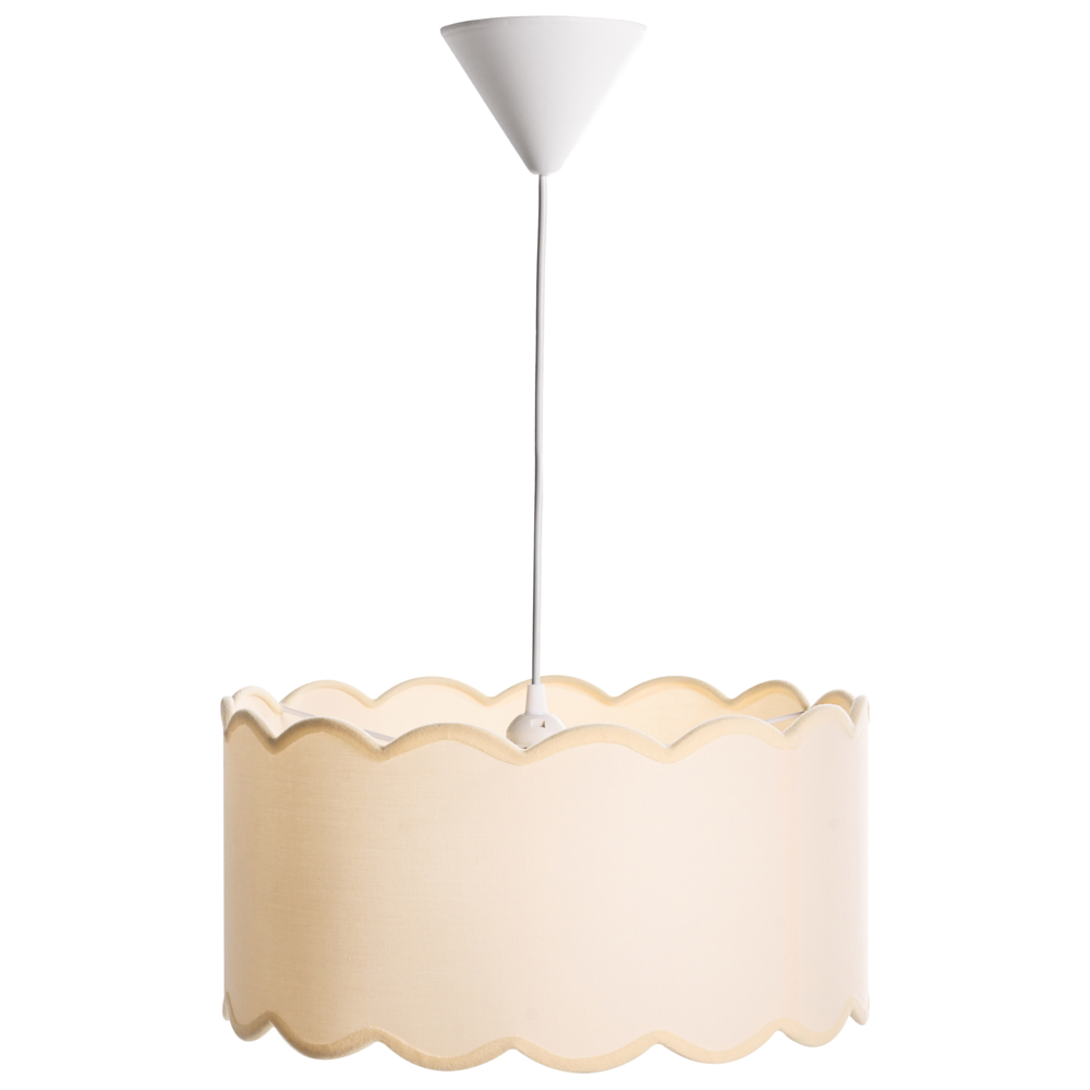 Lampada a sospensione con base in metallo e paralume in tessuto a tamburo stile moderno bianco e beige