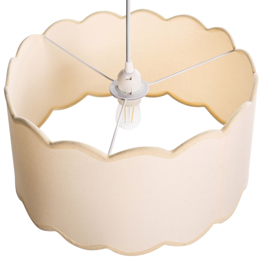 Lampada a sospensione con base in metallo e paralume in tessuto a tamburo stile moderno bianco e beige