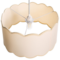 Lampada a sospensione con base in metallo e paralume in tessuto a tamburo stile moderno bianco e beige