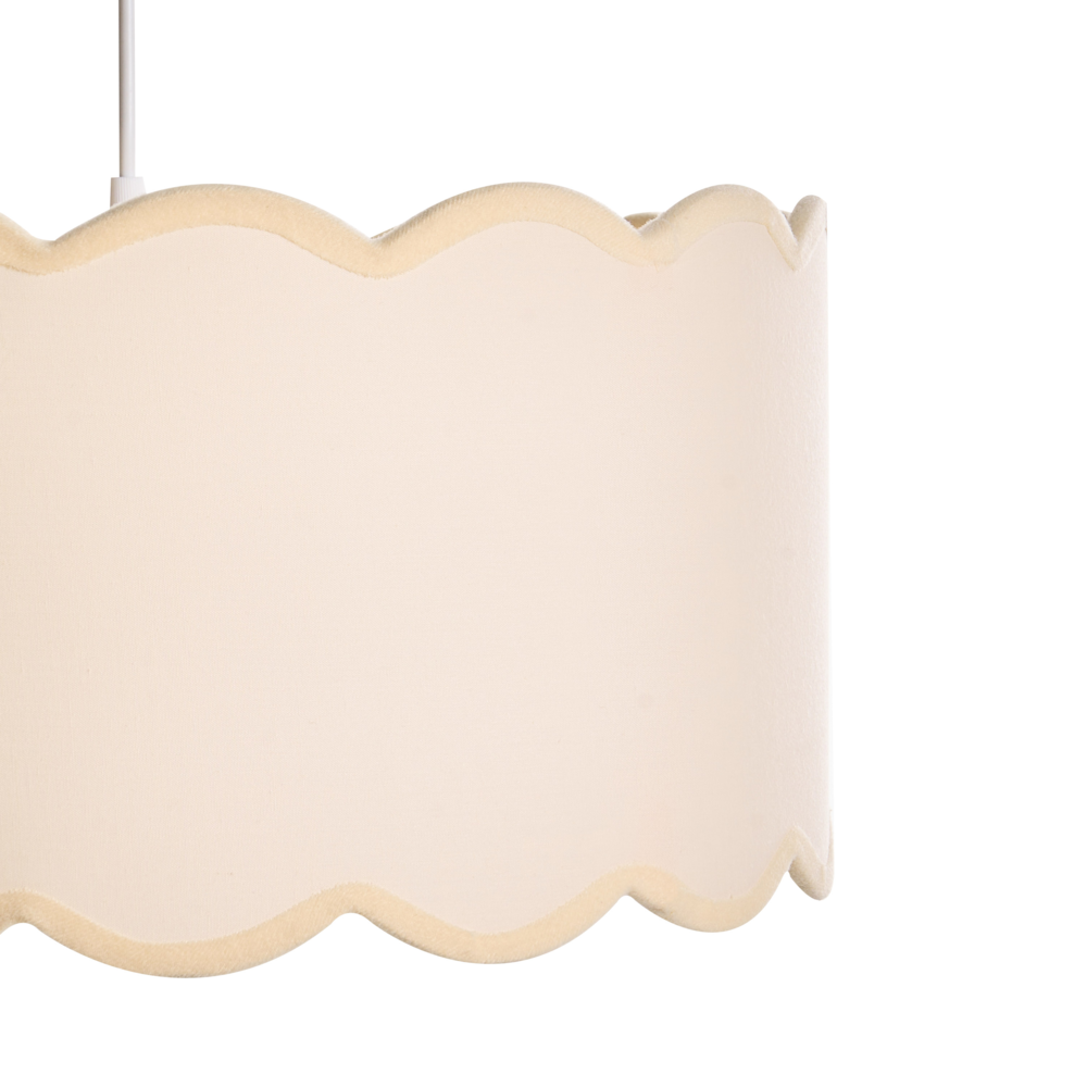 Lampada a sospensione con base in metallo e paralume in tessuto a tamburo stile moderno bianco e beige