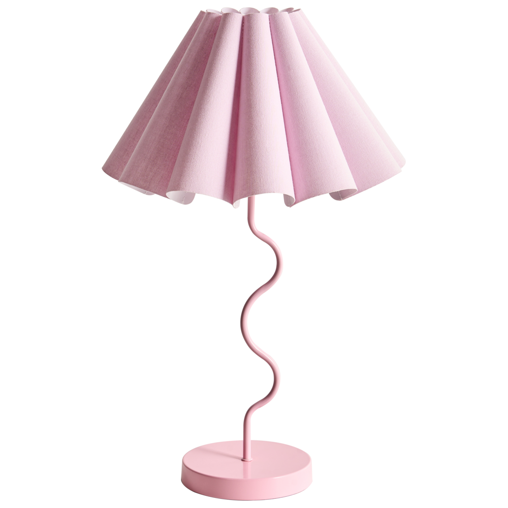 Lampada da tavolo moderna decorativa con base in metallo ondulata e paralume a campana in tessuto rosa