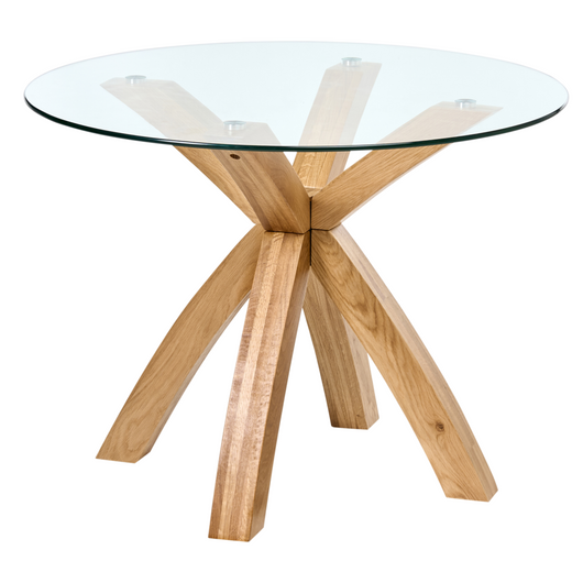 Tavolo da pranzo rotondo per sala da pranzo Cucina 100 x 100 cm Piano in vetro Gambe in legno Marrone chiaro