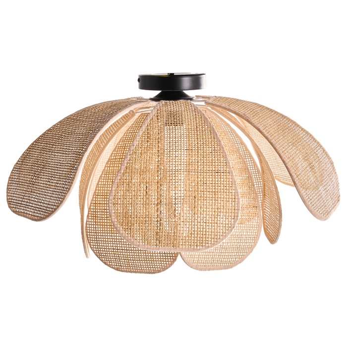 Lampadario con base in ferro nero e paralume in rattan stile boho luce d'atmosfera naturale