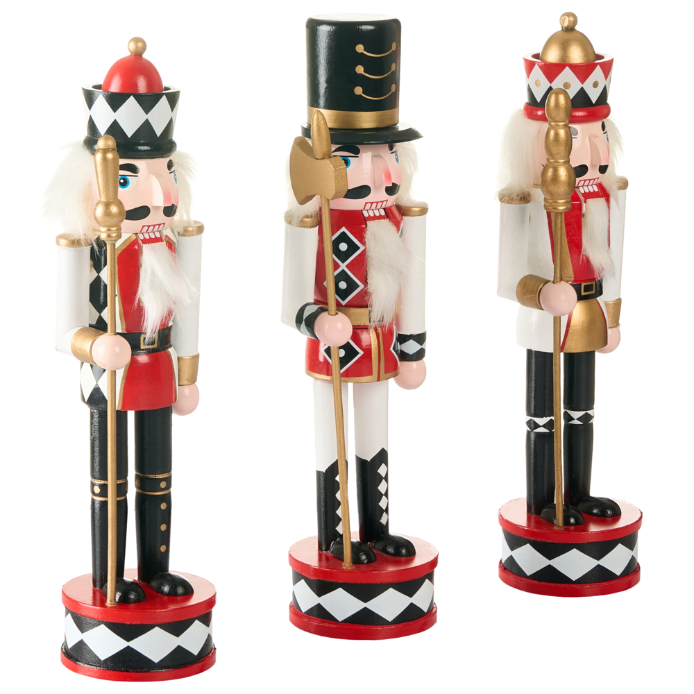 Set di 3 statuine di schiaccianoci in legno di pino Decorazioni natalizie con bocca apribile Fatte a mano Bianco e rosso decorazione natalizia