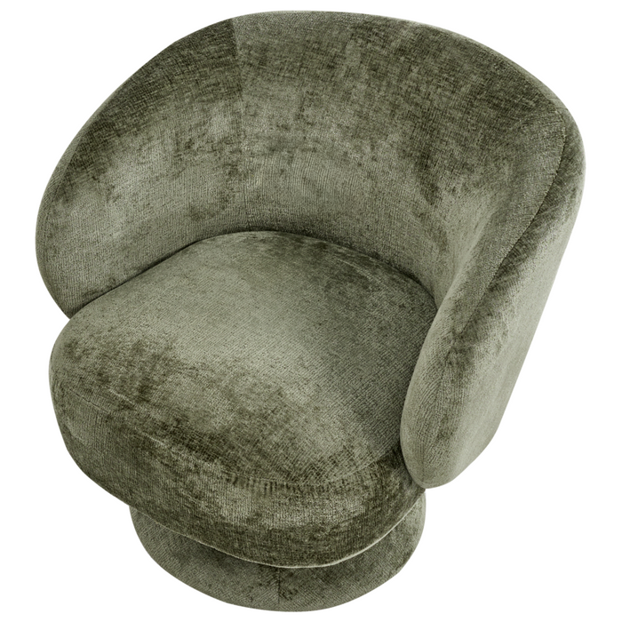 Poltrona girevole con seduta in ciniglia verde senza braccioli con cuscino, gambe in metallo in stile retrò