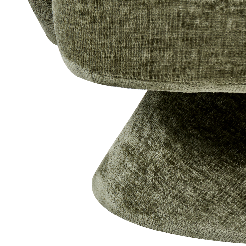 Poltrona girevole con seduta in ciniglia verde senza braccioli con cuscino, gambe in metallo in stile retrò