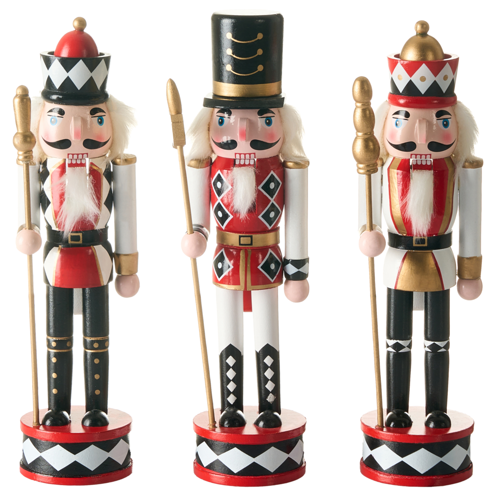 Set di 3 statuine di schiaccianoci in legno di pino Decorazioni natalizie con bocca apribile Fatte a mano Bianco e rosso decorazione natalizia