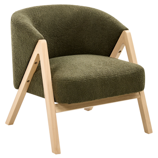Poltrona verde scuro in tessuto bouclé con gambe in legno, design moderno, per soggiorno e camera da letto