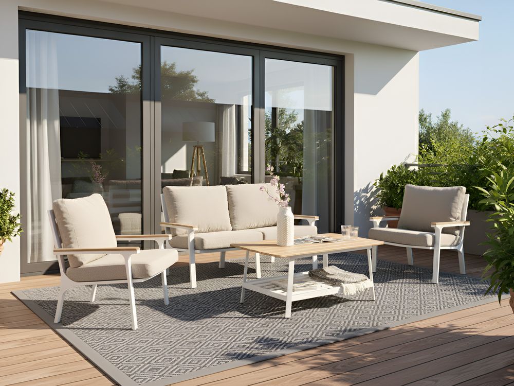 Set divani 4 posti in alluminio con tavolino e cuscini tortora stile moderno