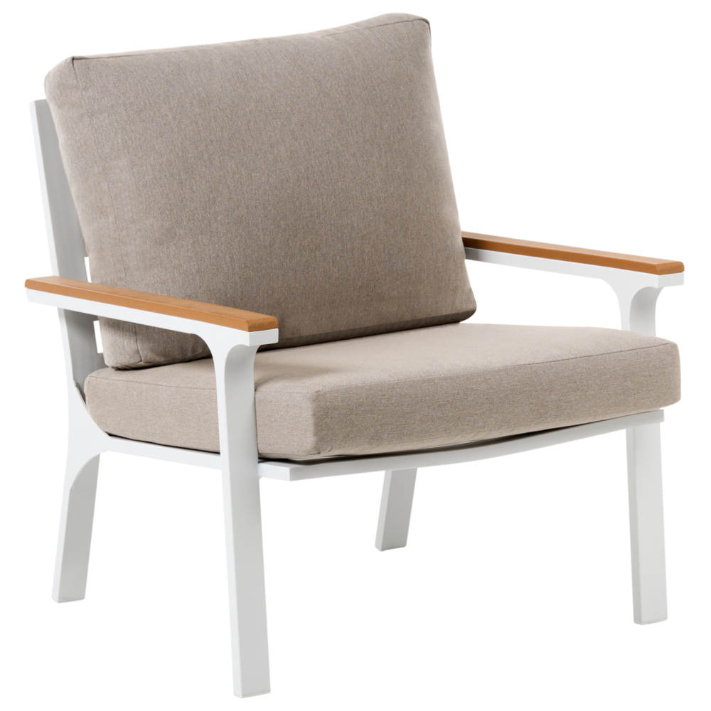 Set divani 4 posti in alluminio con tavolino e cuscini tortora stile moderno