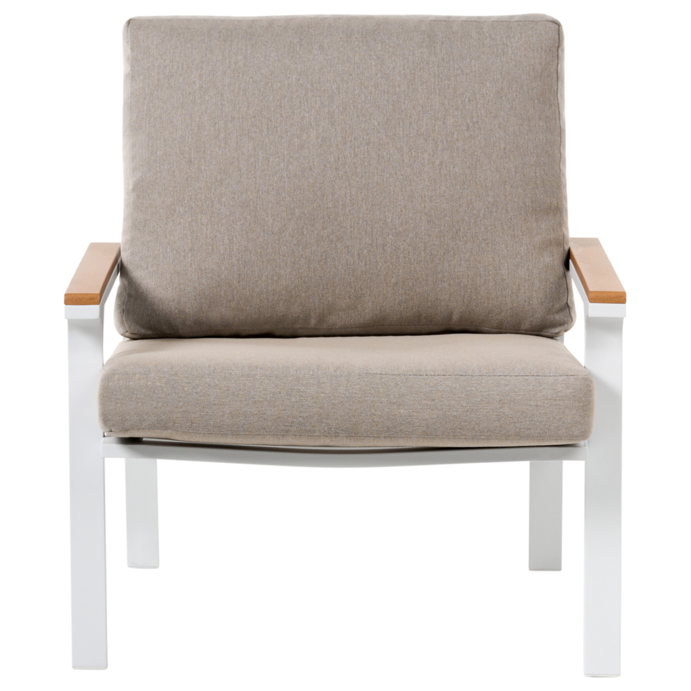 Set divani 4 posti in alluminio con tavolino e cuscini tortora stile moderno