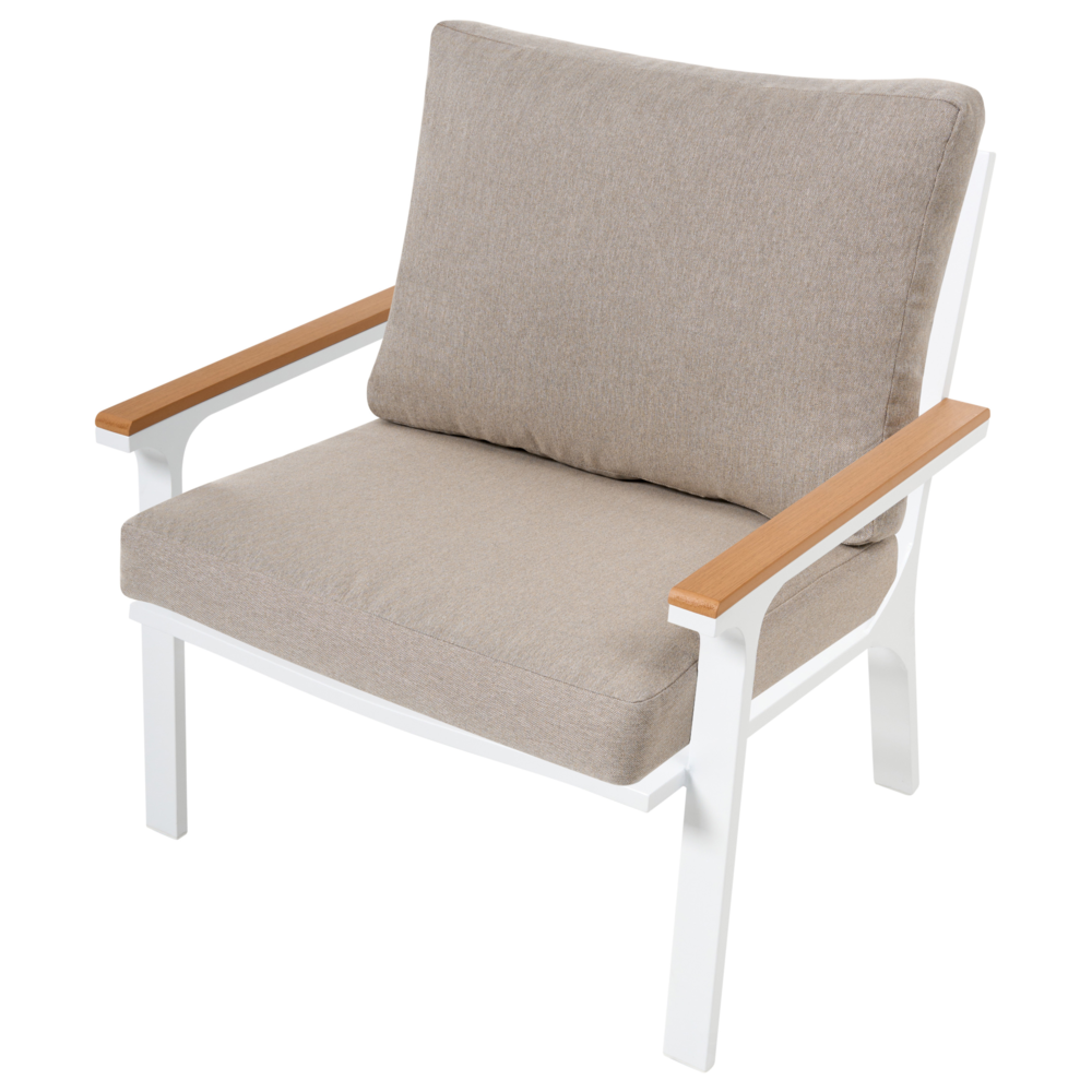 Set divani 4 posti in alluminio con tavolino e cuscini tortora stile moderno