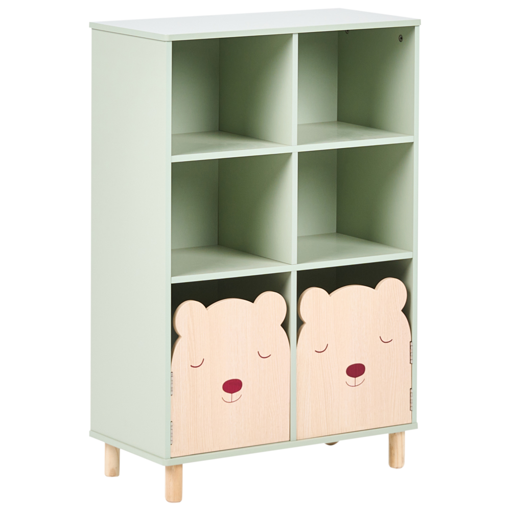 Libreria a 3 ripiani con struttura in MDF verde chiaro e gambe in legno di pino. Scaffale per camera bambini.