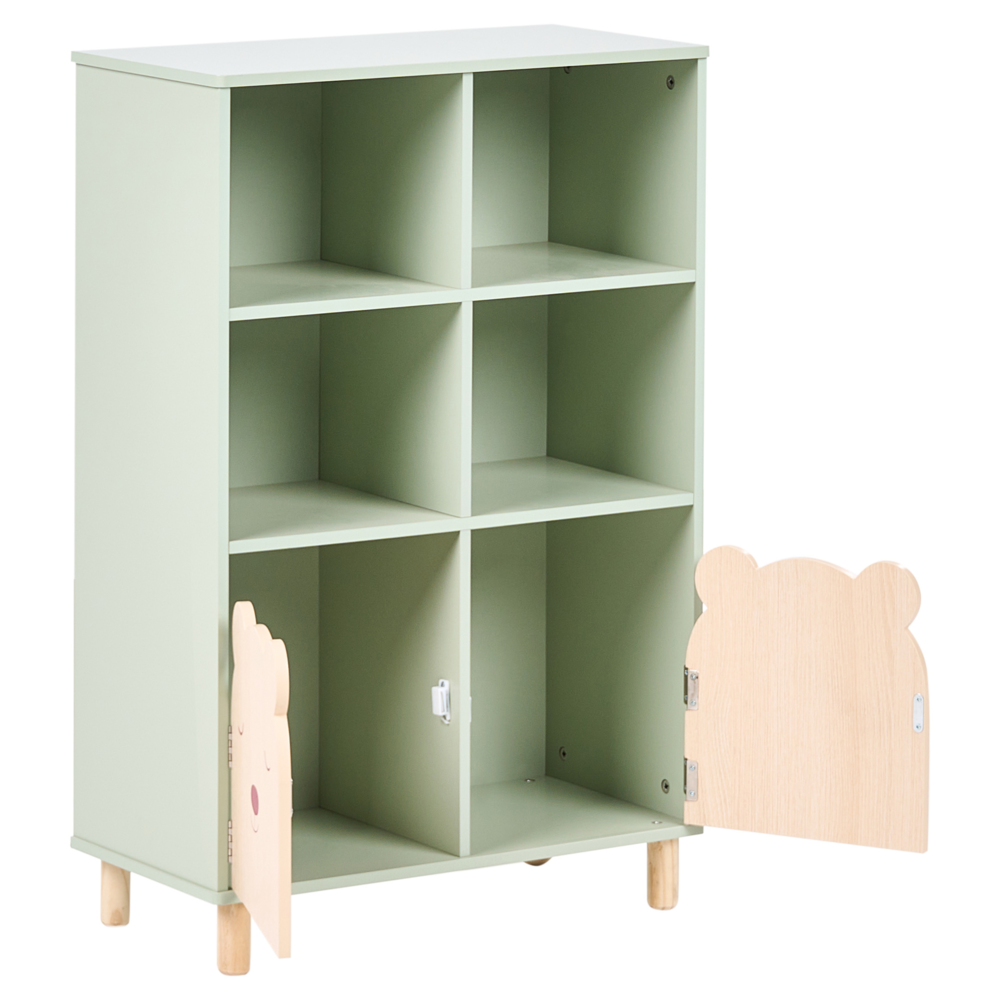 Libreria a 3 ripiani con struttura in MDF verde chiaro e gambe in legno di pino. Scaffale per camera bambini.