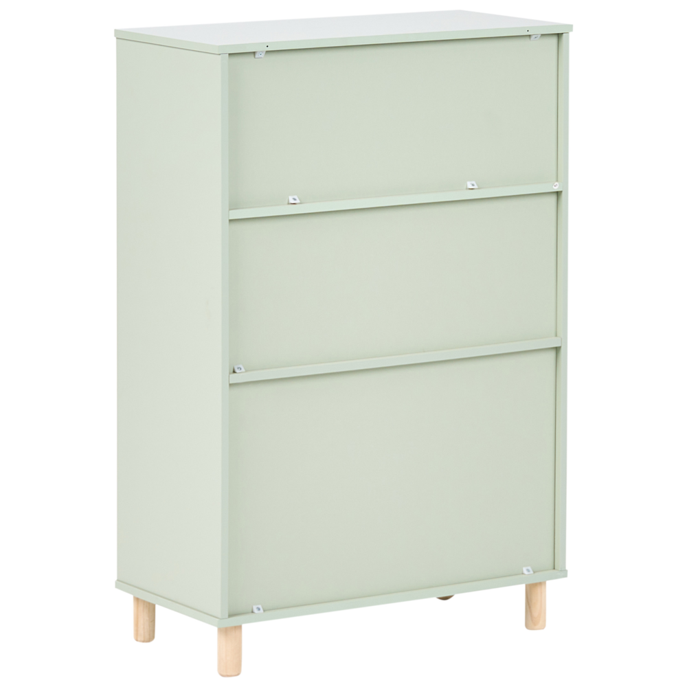 Libreria a 3 ripiani con struttura in MDF verde chiaro e gambe in legno di pino. Scaffale per camera bambini.