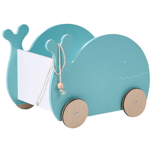 Contenitore giocattoli con ruote blu in MDF a forma di balena con maniglia per il trasporto Organizzazione contenitore giocattoli