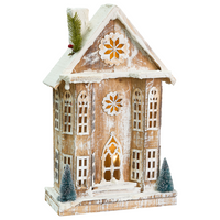 Decorazione natalizia in legno di abete marrone chiaro con luci LED statuetta di casa fatta a mano tradizionale