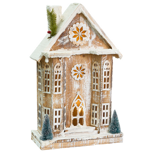 Decorazione natalizia in legno di abete marrone chiaro con luci LED statuetta di casa fatta a mano tradizionale