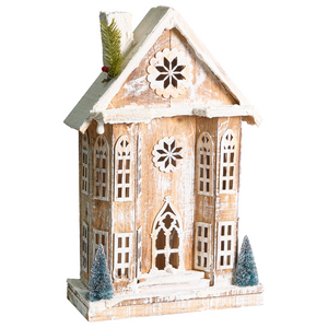 Decorazione natalizia in legno di abete marrone chiaro con luci LED statuetta di casa fatta a mano tradizionale