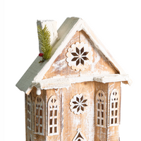 Decorazione natalizia in legno di abete marrone chiaro con luci LED statuetta di casa fatta a mano tradizionale