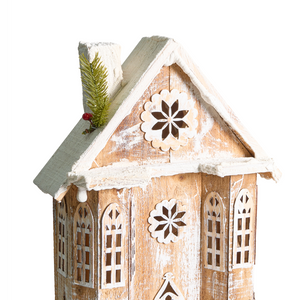 Decorazione natalizia in legno di abete marrone chiaro con luci LED statuetta di casa fatta a mano tradizionale