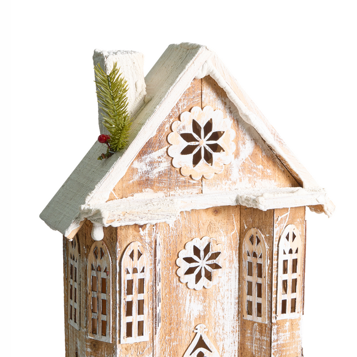 Decorazione natalizia in legno di abete marrone chiaro con luci LED statuetta di casa fatta a mano tradizionale