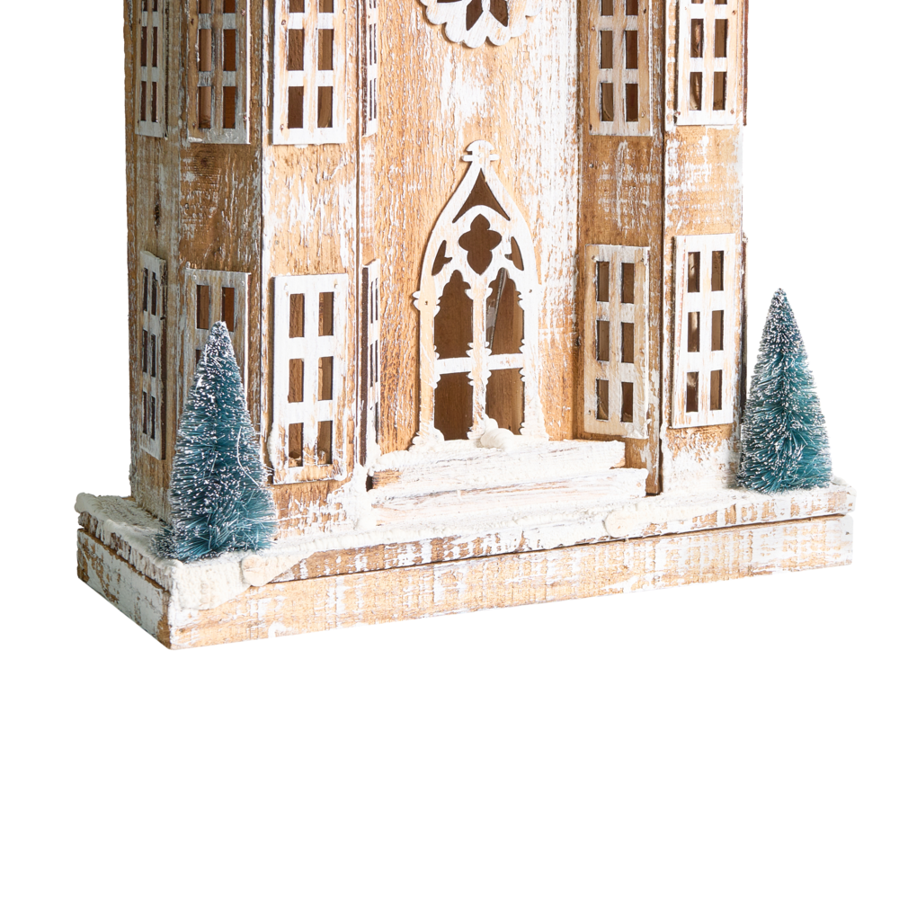 Decorazione natalizia in legno di abete marrone chiaro con luci LED statuetta di casa fatta a mano tradizionale