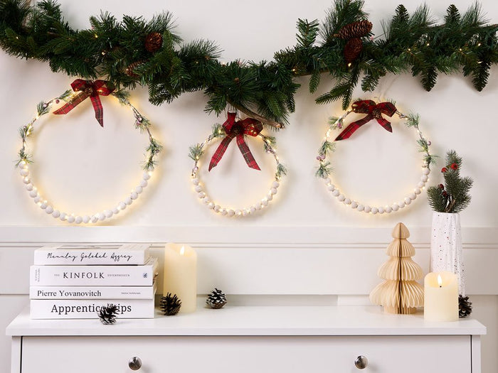 Set di 3 decorazioni natalizie Ghirlanda luminosa LED in legno di abete bianco Fatto a mano Tradizionale