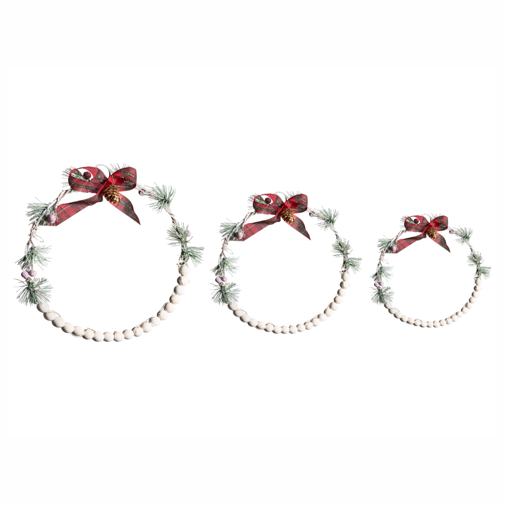Set di 3 decorazioni natalizie Ghirlanda luminosa LED in legno di abete bianco Fatto a mano Tradizionale