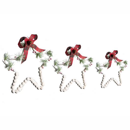 Set di 3 decorazioni natalizie in legno di abete bianco con luci LED a forma di stella da appendere, realizzate a mano in stile tradizionale