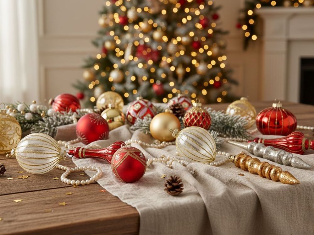 Set di 50 palline di Natale in vetro da appendere all'albero di Natale in stile tradizionale glamour rosso e oro