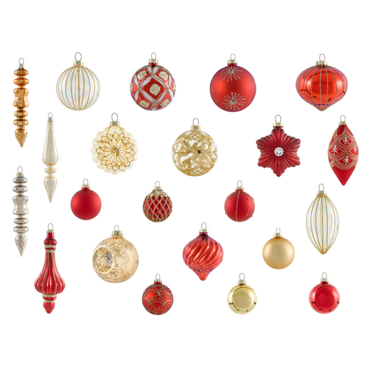 Set di 50 palline di Natale in vetro da appendere all'albero di Natale in stile tradizionale glamour rosso e oro