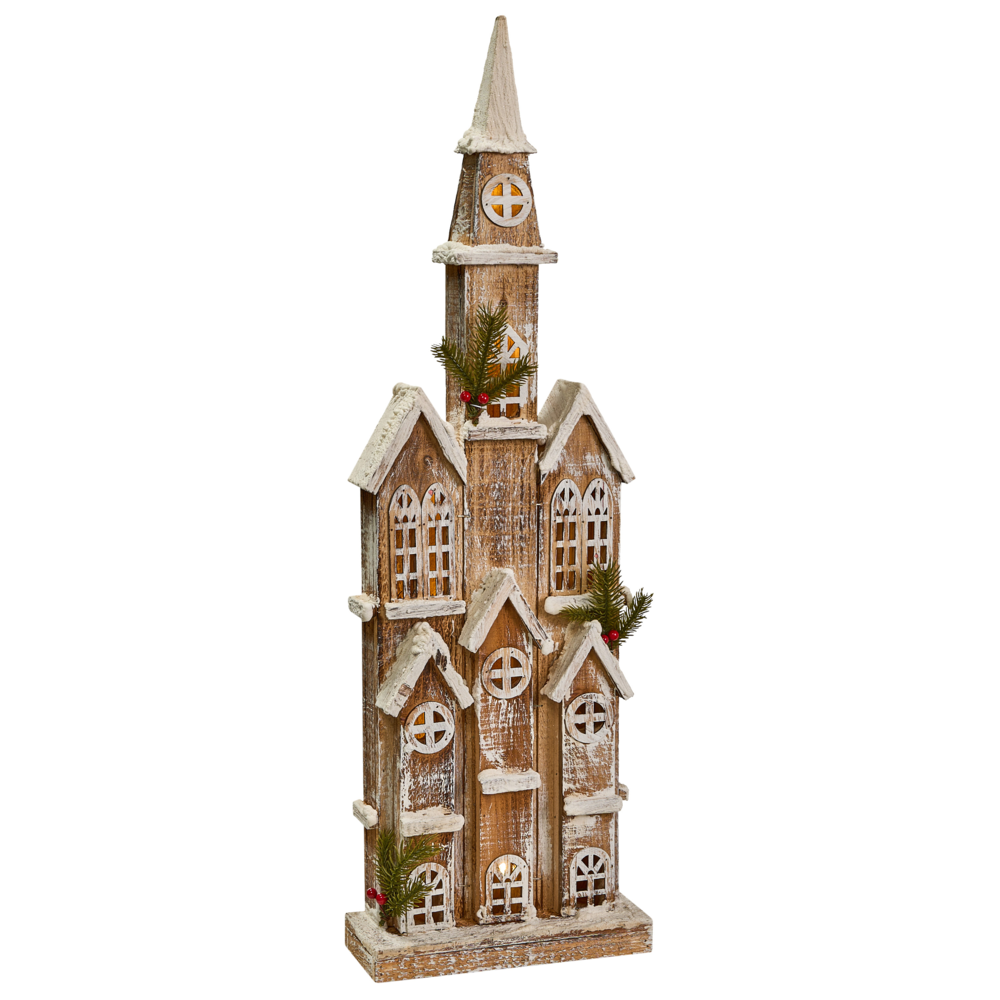 Decorazione natalizia in legno di abete marrone chiaro con luci LED e statuetta di chiesa realizzata a mano in stile tradizionale