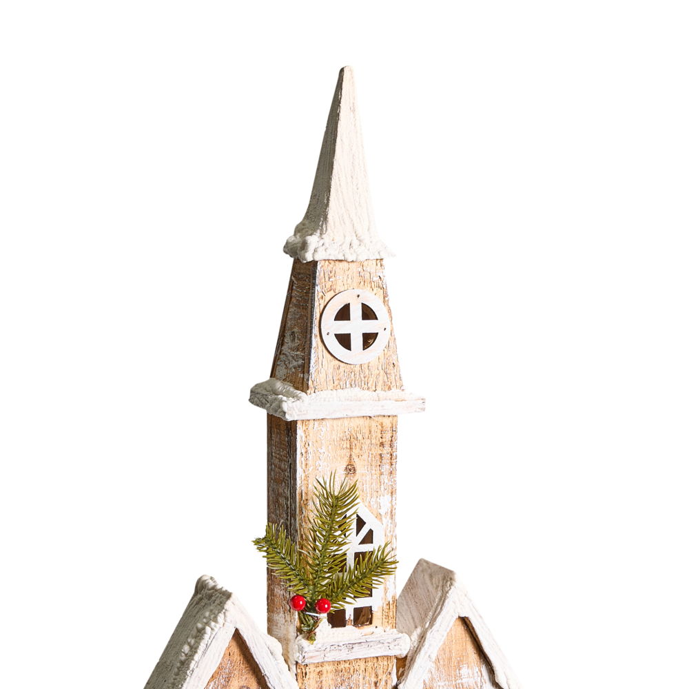 Decorazione natalizia in legno di abete marrone chiaro con luci LED e statuetta di chiesa realizzata a mano in stile tradizionale