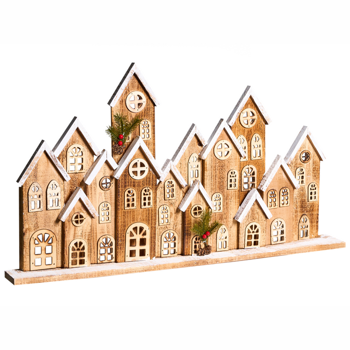 Decorazione natalizia in legno di abete marrone con luci LED, figurina artigianale tradizionale