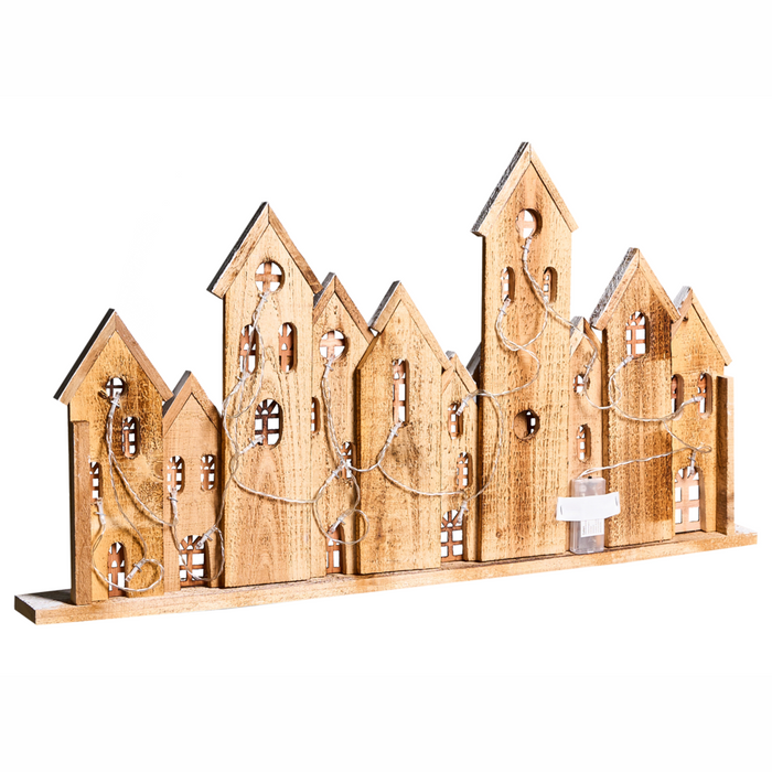 Decorazione natalizia in legno di abete marrone con luci LED, figurina artigianale tradizionale