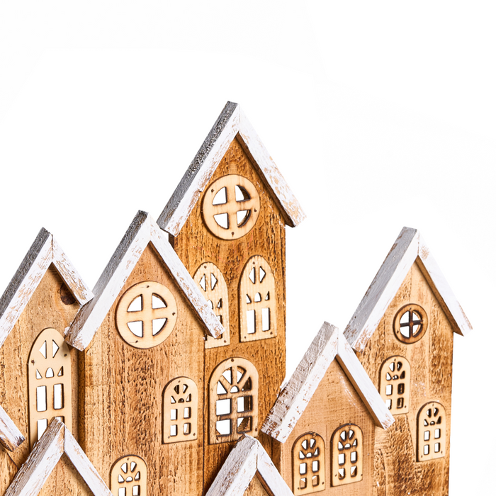 Decorazione natalizia in legno di abete marrone con luci LED, figurina artigianale tradizionale