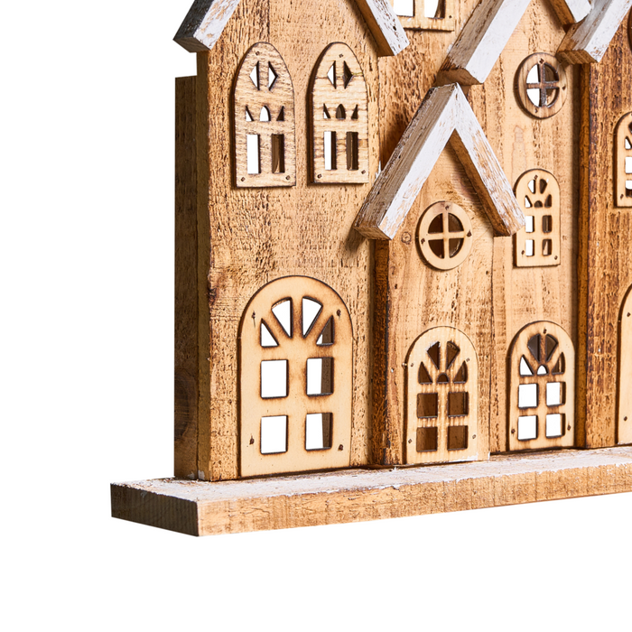 Decorazione natalizia in legno di abete marrone con luci LED, figurina artigianale tradizionale