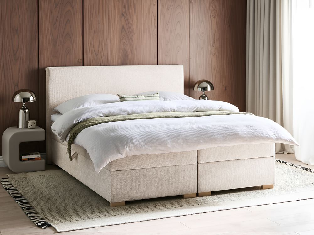 Letto matrimoniale con contenitore sollevabile in tessuto beige chiaro 160 x 200 cm con testiera stile moderno