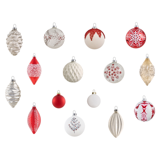 Set di 50 palline di Natale in vetro rosso e bianco da appendere all'albero di Natale in stile tradizionale