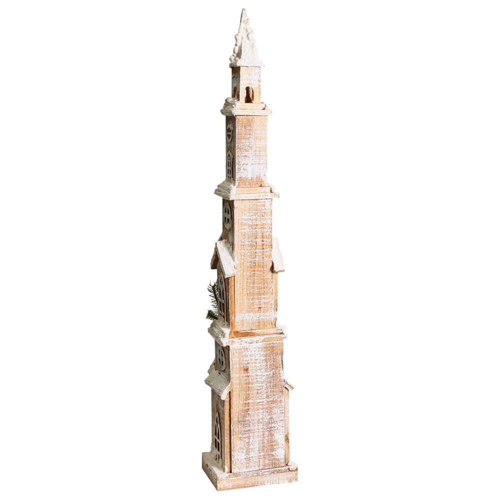 Decorazione natalizia in legno di abete marrone chiaro con torre luminosa a LED, statuetta tradizionale realizzata a mano