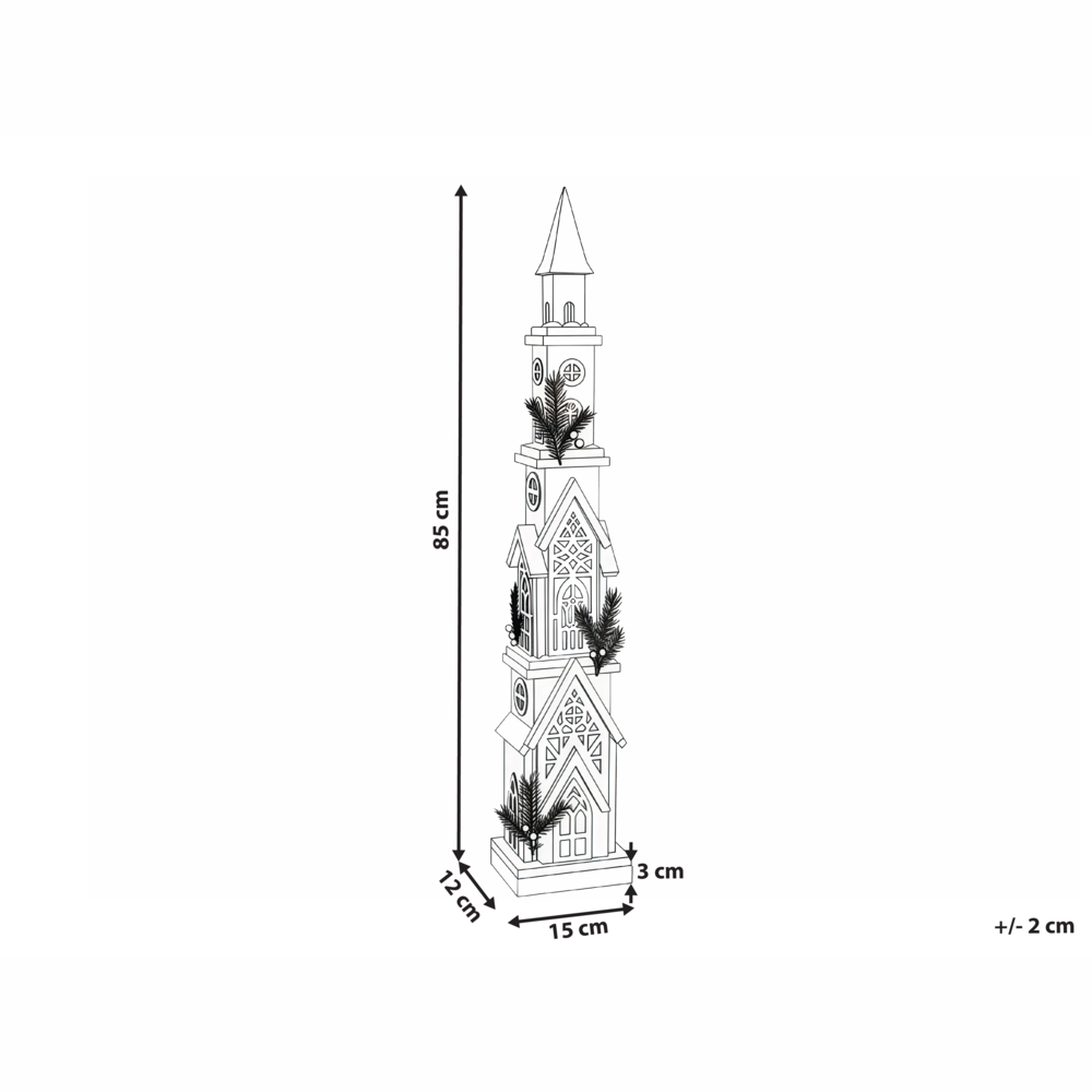 Decorazione natalizia in legno di abete marrone chiaro con torre luminosa a LED, statuetta tradizionale realizzata a mano