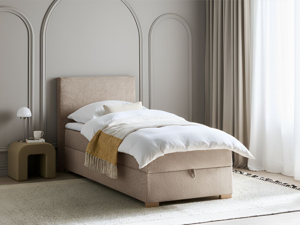 Letto singolo con contenitore sollevabile in tessuto tortora 90 x 200 cm con testiera stile moderno