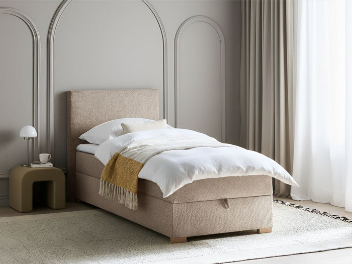 Letto singolo con contenitore sollevabile in tessuto tortora 90 x 200 cm con testiera stile moderno