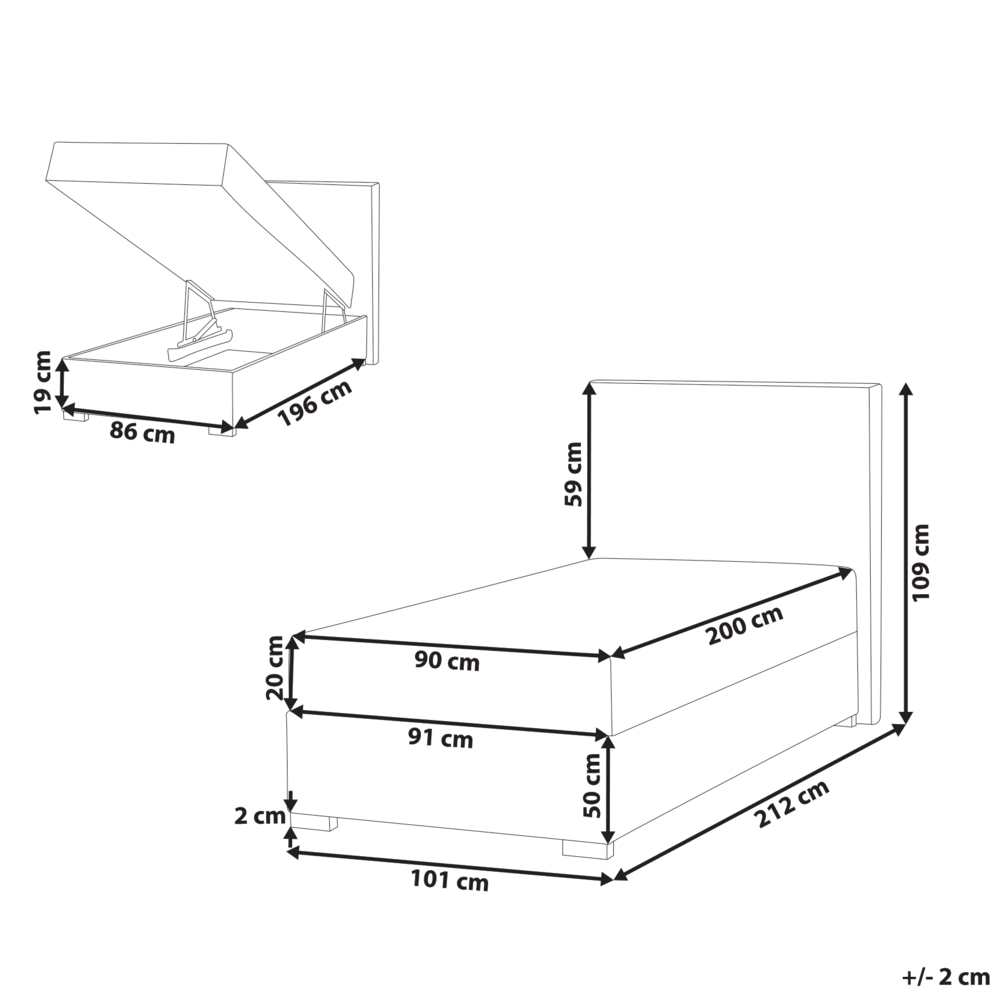 Letto singolo con contenitore sollevabile in tessuto tortora 90 x 200 cm con testiera stile moderno