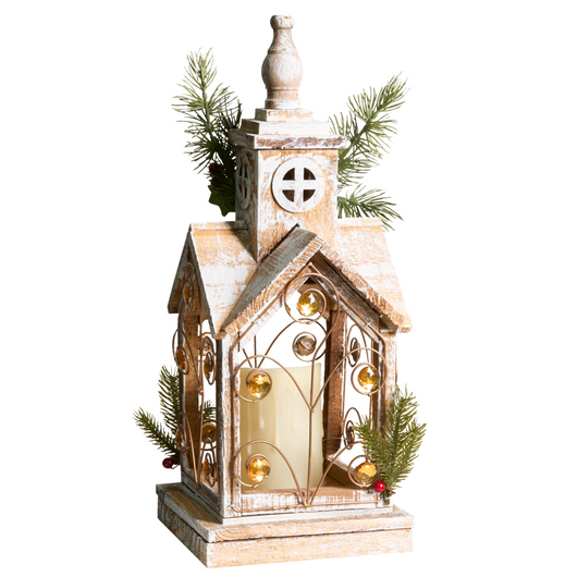 Lanterna LED in legno di abete marrone chiaro Decorazione natalizia tradizionale fatta a mano