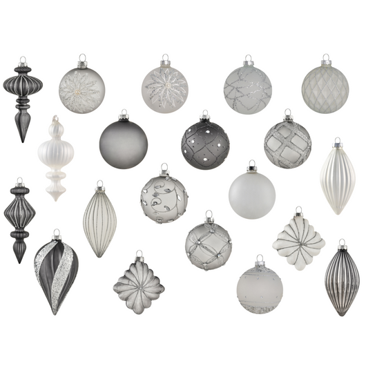 Set di 35 palline di Natale in vetro grigio da appendere all'albero di Natale in stile in stile tradizionale glamour