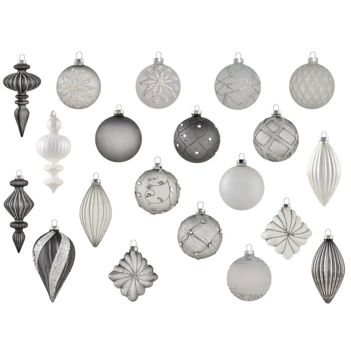 Set di 35 palline di Natale in vetro grigio da appendere all'albero di Natale in stile in stile tradizionale glamour