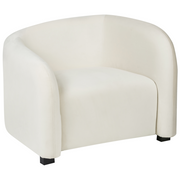 Poltrona elegante e moderna in velluto con schienale curvo e braccioli imbottiti rivestita in velluto bianco sporco